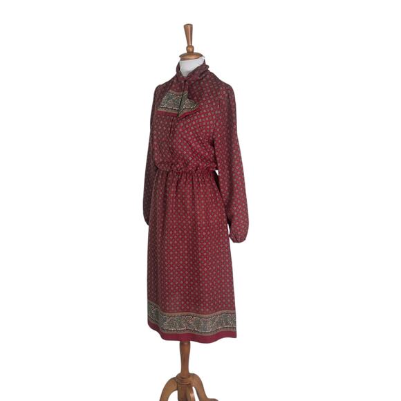 Vintage 1970s Jones Burgundy Tie Neck Secretary Midi Dress M - Picture 7 of 9